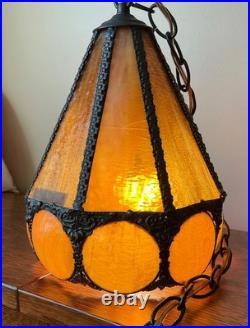 Vintage Pair Swag Amber Lamp Mid Century Glass Slag Panel Lighting