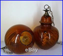 Vintage Pair of Amber Glass Lamps Hanging Swag Light MCM Retro Atomic Large