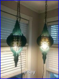 Vintage Pair of Hanging Swag Lamps Mid Century Modern Light Blue