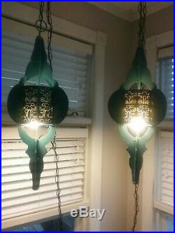 Vintage Pair of Hanging Swag Lamps Mid Century Modern Light Blue