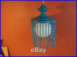 Vintage Pair of Hanging Swag Lamps Mid Century Modern Light Blue w Beaded Fringe