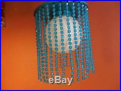 Vintage Pair of Hanging Swag Lamps Mid Century Modern Light Blue w Beaded Fringe