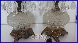 Vintage Pair of Hollywood Regency brass crystal / glass hanging prisms lamps 31