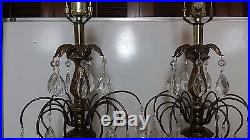 Vintage Pair of Hollywood Regency brass crystal / glass hanging prisms lamps 31