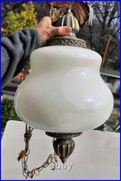 Vintage Pearl Iridescent Glass Hanging Swag Hive Lamp Light