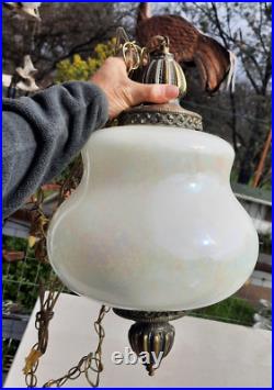 Vintage Pearl Iridescent Glass Hanging Swag Hive Lamp Light