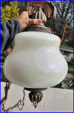 Vintage Pearl Iridescent Glass Hanging Swag Hive Lamp Light