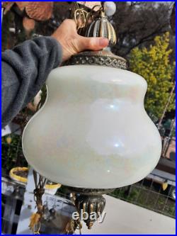 Vintage Pearl Iridescent Glass Hanging Swag Hive Lamp Light