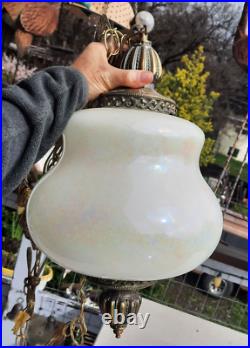 Vintage Pearl Iridescent Glass Hanging Swag Hive Lamp Light