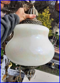 Vintage Pearl Iridescent Glass Hanging Swag Hive Lamp Light