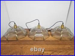Vintage Pendant Lamp Set of 3 Swag Hanging Lamps Brass & Beveled Glass 16 Pane