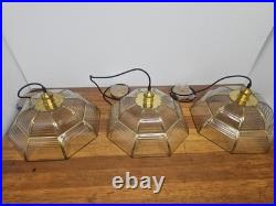Vintage Pendant Lamp Set of 3 Swag Hanging Lamps Brass & Beveled Glass 16 Pane