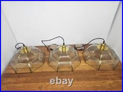 Vintage Pendant Lamp Set of 3 Swag Hanging Lamps Brass & Beveled Glass 16 Pane