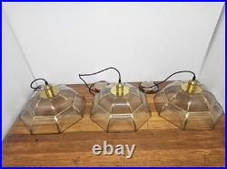 Vintage Pendant Lamp Set of 3 Swag Hanging Lamps Brass & Beveled Glass 16 Pane