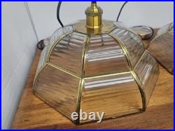 Vintage Pendant Lamp Set of 3 Swag Hanging Lamps Brass & Beveled Glass 16 Pane