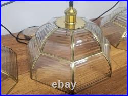 Vintage Pendant Lamp Set of 3 Swag Hanging Lamps Brass & Beveled Glass 16 Pane