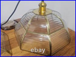 Vintage Pendant Lamp Set of 3 Swag Hanging Lamps Brass & Beveled Glass 16 Pane