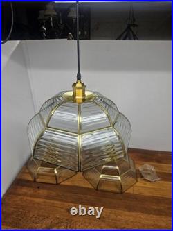 Vintage Pendant Lamp Set of 3 Swag Hanging Lamps Brass & Beveled Glass 16 Pane