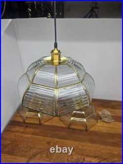 Vintage Pendant Lamp Set of 3 Swag Hanging Lamps Brass & Beveled Glass 16 Pane