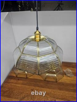 Vintage Pendant Lamp Set of 3 Swag Hanging Lamps Brass & Beveled Glass 16 Pane