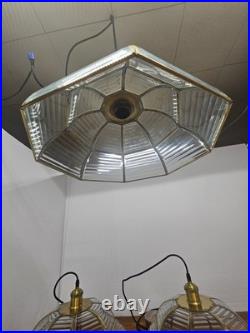 Vintage Pendant Lamp Set of 3 Swag Hanging Lamps Brass & Beveled Glass 16 Pane