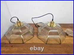 Vintage Pendant Lamp Set of 3 Swag Hanging Lamps Brass & Beveled Glass 16 Pane