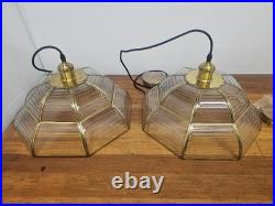 Vintage Pendant Lamp Set of 3 Swag Hanging Lamps Brass & Beveled Glass 16 Pane