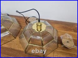 Vintage Pendant Lamp Set of 3 Swag Hanging Lamps Brass & Beveled Glass 16 Pane