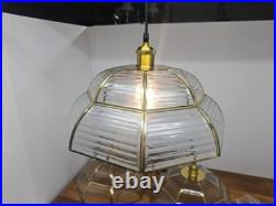 Vintage Pendant Lamp Set of 3 Swag Hanging Lamps Brass & Beveled Glass 16 Pane