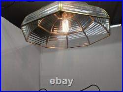 Vintage Pendant Lamp Set of 3 Swag Hanging Lamps Brass & Beveled Glass 16 Pane