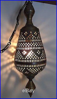 Vintage Pierced Solid Brass Middle Eastern Hanging Swag Pendant Lamp ELECTRIC