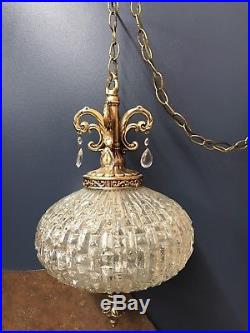Vintage Pineapple Glass Hollywood Regency Gold Hanging Swag Lamp Light