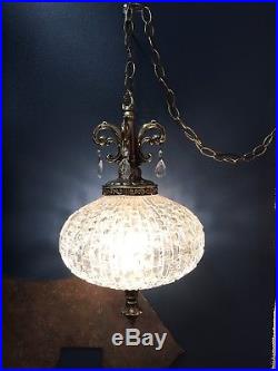 Vintage Pineapple Glass Hollywood Regency Gold Hanging Swag Lamp Light