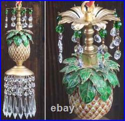 Vintage Pineapple Palm Lamp Swag Brass Chandelier Enamel Brass Cloisonne Crystal