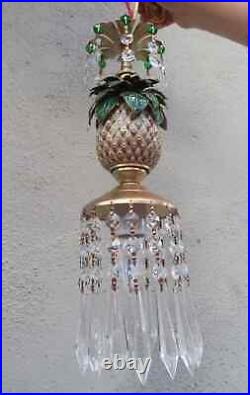 Vintage Pineapple Palm Lamp Swag Brass Chandelier Enamel Brass Cloisonne Crystal