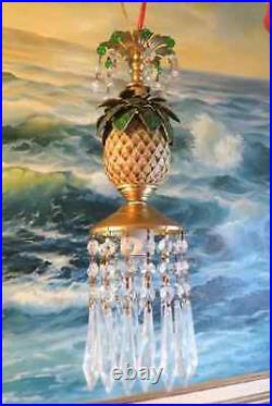 Vintage Pineapple Palm Lamp Swag Brass Chandelier Enamel Brass Cloisonne Crystal