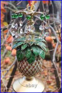 Vintage Pineapple Palm Lamp Swag Brass Chandelier Enamel Brass Cloisonne Crystal