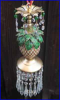 Vintage Pineapple Palm Lamp Swag Brass Chandelier Enamel Brass Cloisonne Crystal