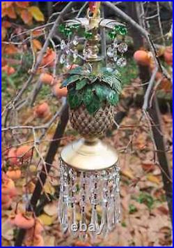 Vintage Pineapple Palm Lamp Swag Brass Chandelier Enamel Brass Cloisonne Crystal