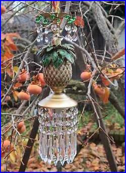 Vintage Pineapple Palm Lamp Swag Brass Chandelier Enamel Brass Cloisonne Crystal