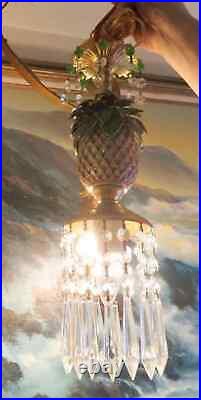 Vintage Pineapple Palm Lamp Swag Brass Chandelier Enamel Brass Cloisonne Crystal
