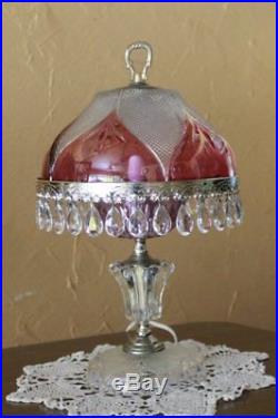 Vintage Pink Boudoir Lamp, Etched Glass Shade, Hanging Crystals, Made in Holland