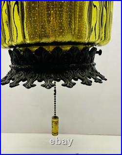 Vintage Pull Chain Optic Ribbed Green Glass Hanging Swag Lamp With Diffuser 14