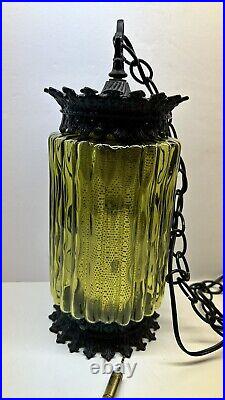 Vintage Pull Chain Optic Ribbed Green Glass Hanging Swag Lamp With Diffuser 14