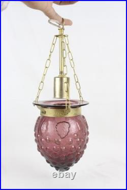 Vintage Purple Hobnail Glass Hanging Lamp Brass Swag Light Retro Ceiling