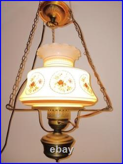 Vintage Quoizel Abigail Adams Blue, Brown & White Floral Hanging lamp Milk Glass