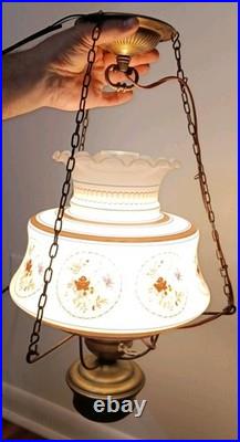 Vintage Quoizel Abigail Adams Blue, Brown & White Floral Hanging lamp Milk Glass