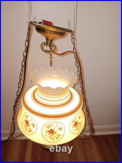 Vintage Quoizel Abigail Adams Blue, Brown & White Floral Hanging lamp Milk Glass