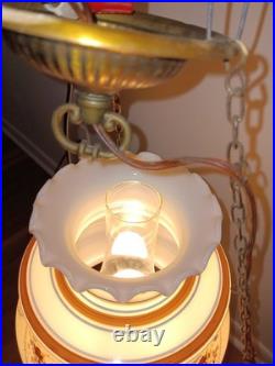 Vintage Quoizel Abigail Adams Blue, Brown & White Floral Hanging lamp Milk Glass