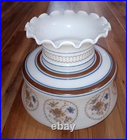 Vintage Quoizel Abigail Adams Blue, Brown & White Floral Hanging lamp Milk Glass